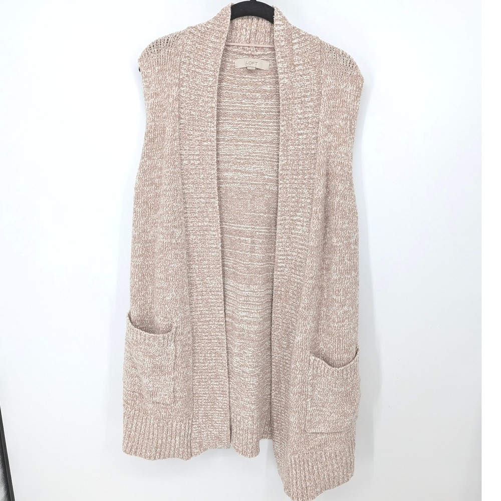 LOFT Long Wool Blend Sweater Vest Womens‎ Medium Tan Marled Knit Coastal Grandma